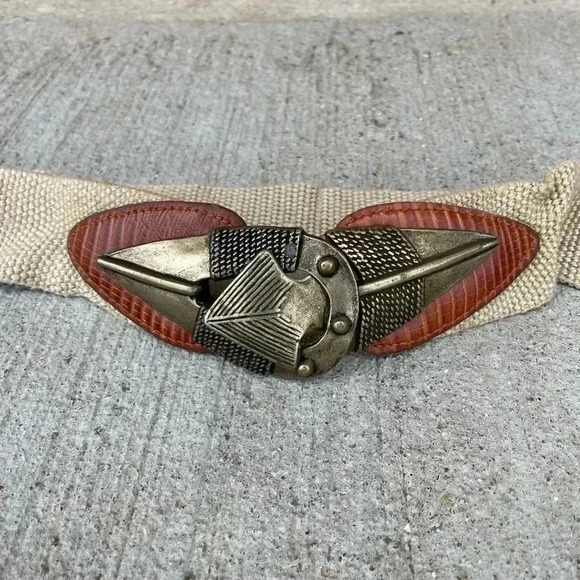 Vintage OMEGA Arrowhead Arrow Metal Buckle Stretch Belt Tan Brown Natural Large - Picture 2 of 4